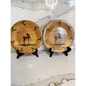 Vintage Hand-Painted Wood Plates – Mid-Century Modern Horse Design (Set of 2)